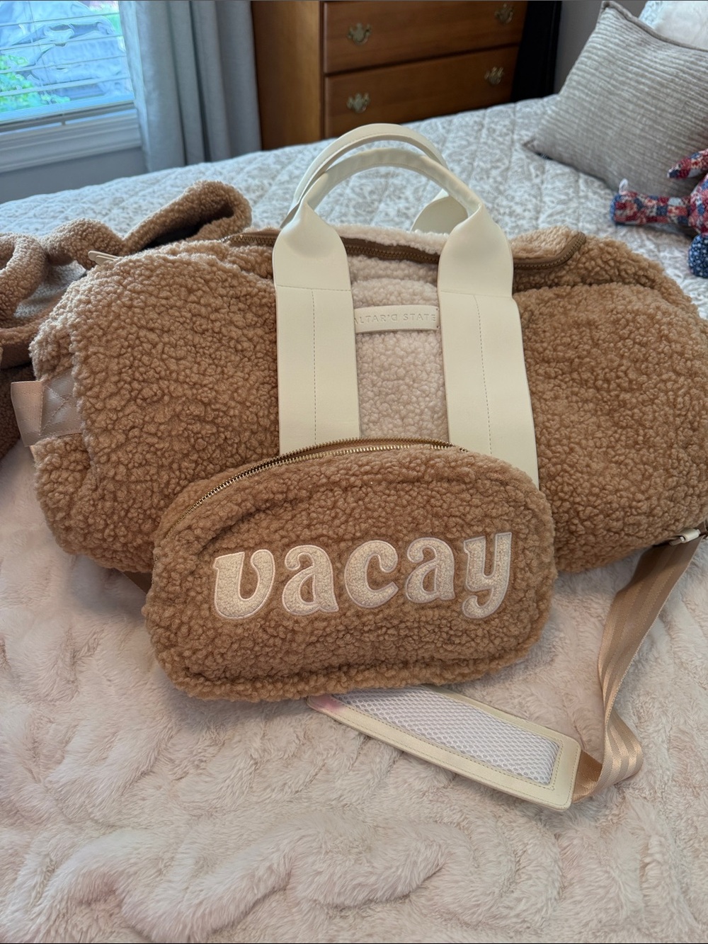 Altar'd State Camel Sherpa Duffel with Cream Trim